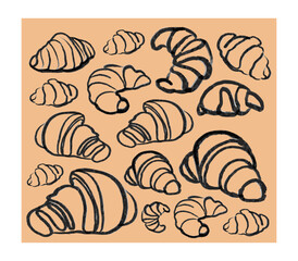 Isoplated vector set of croissants. Bakery. Hand drawn template with pastries sketch. Fresh bakery. Shop. Pastry. 