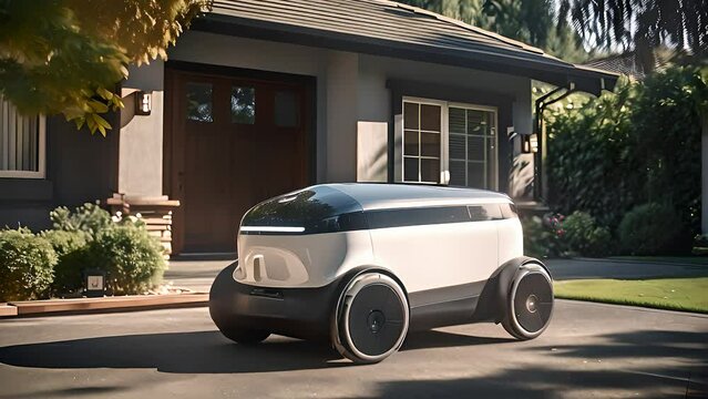 Autonomous robot maneuvers along a driveway, showcasing futuristic delivery technology in a residential area