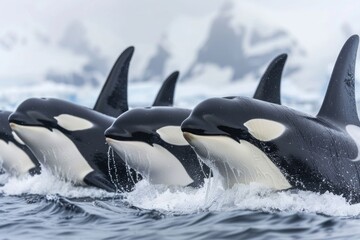 A pod of orcas, also known as killer whales, cutting through icy waters with their distinctive black and white markings, in a cold sea environment with icebergs in the background.