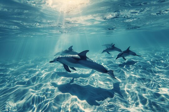 A pod of dolphins gracefully swimming in crystal-clear waters over a rocky seabed, with sunlight dappling through the surface. Place for text