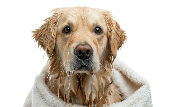 Beautiful golden retriever after bath with towel.