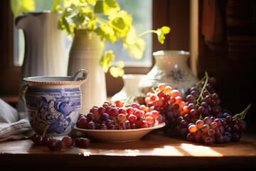 Sun-kissed grapes on wood with ornate pitchers, a timeless scene of rustic luxury basking in soft morning light. - obrazy, fototapety, plakaty