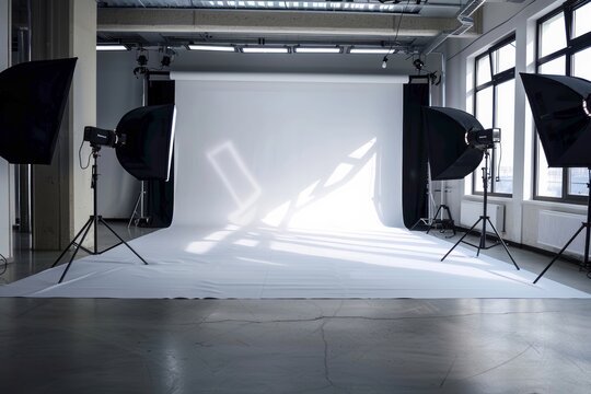 Empty professional photo studio with large white backdrop lit by studio lights, perfect for fashion shoots