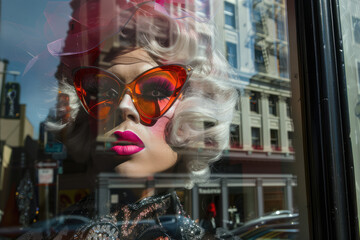 mannequin in shopping window with reflection of street life