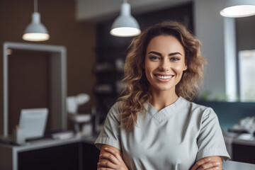 Obraz premium Smiling professional woman in clinic uniform.