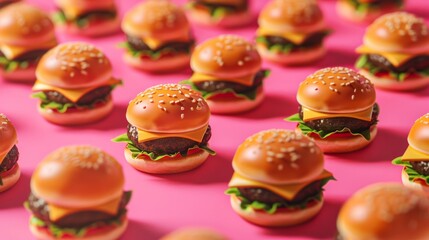 Rows of perfectly arranged miniature burgers on a vibrant pink background, creating a visually satisfying pattern