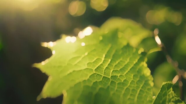 A close-up of a green leaf glistening with fresh morning dew