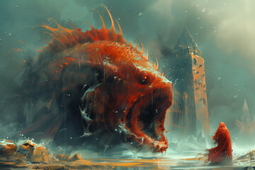 Wielka czerwona ryba potwór  - obrazy, fototapety, plakaty