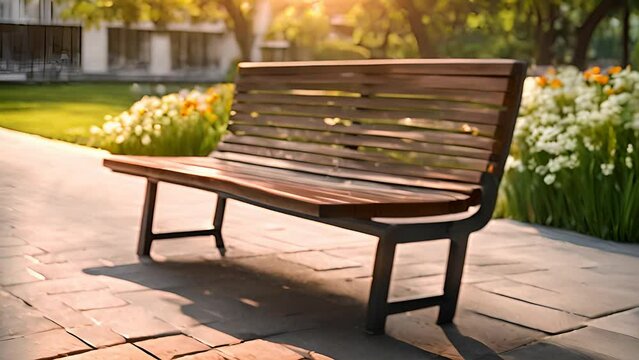 Wooden bench is positioned on top of a brick walkway, providing a seating area in an outdoor setting