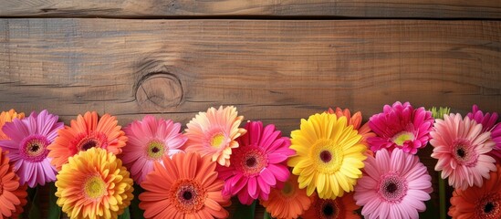 A row of vibrant gerbera flowers in various hues, including red, pink, orange, and yellow, arranged neatly on top of a rustic wooden table.