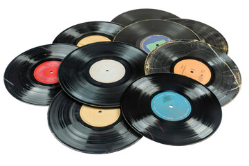 Collection of vintage vinyl records with colorful labels, cut out - stock png.