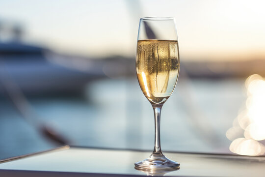 glass of champagne with blurry background of yacht and water