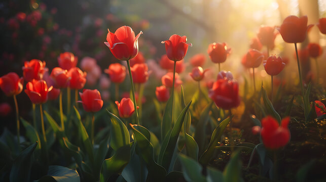 Tulipas vermelhas brilhantes em jardim com luz natural suave criando atmosfera dos sonhos