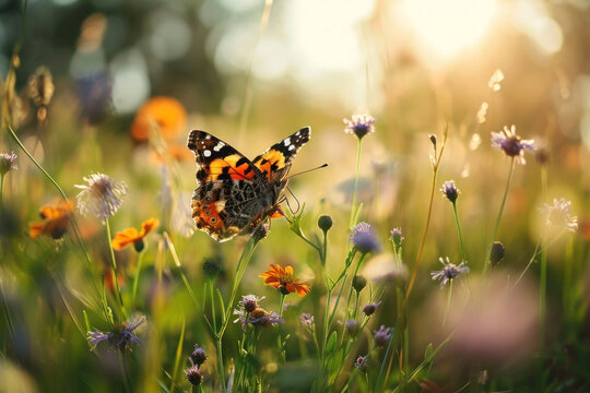Butterfly on a flower in a morning sun