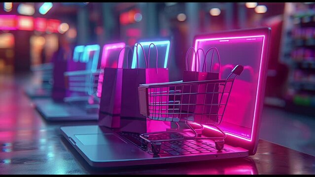 Shopping Cart on Laptop 3d render animation 