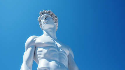 Ancient Greek God in Marble on Clear Blue Sky - White Marble Sculpture of Young Muscular Mythological Figure