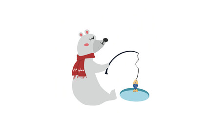 Friendly polar bear with a red scarf fishing in a hole in the ice with transparent background
