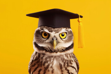 Obraz premium Owl in Graduation Cap on Bright Yellow Background