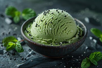 Matcha ice cream scoop in ceramic bowl with mint leaves on dark background.