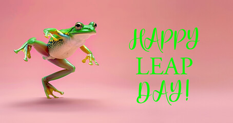 Happy Leap Day. Jumping green frog on trendy pink background - 745411590