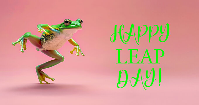 Happy Leap Day. Jumping green frog on trendy pink background