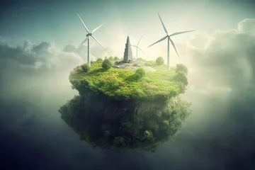Zelfklevend Fotobehang Surreal floating island with wind turbines and skyscraper. © spyrakot