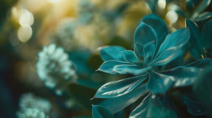 Planta suculenta vibrante em destaque contra um fundo suave de folhas e flores em closeup - obrazy, fototapety, plakaty