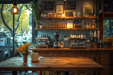 Fototapeta na wymiar Cozy Cafe Interior with Espresso Machine.