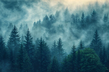 Misty Forest at Dawn. with Firs Generative AI
