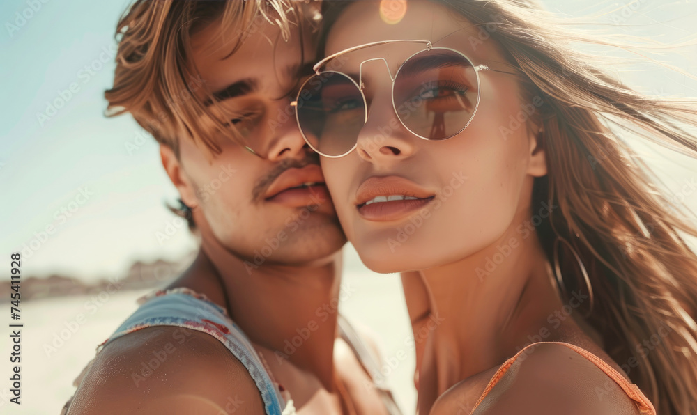 Wall mural Beautiful couple enjoying each other on the beach