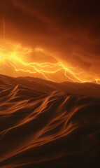 Lightning streaking across a stormy desert sky at dusk.