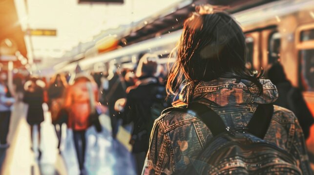 The daily hustle captured in a close-up of a commuter with a backpack waiting on a train platform, amidst blurred passersby