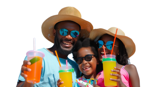 A happy and enjoy family drinking summer coctails on vaccation , transparent background