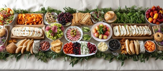 A table adorned with an extensive variety of foods such as snacks, canapés, sandwiches, and fresh...