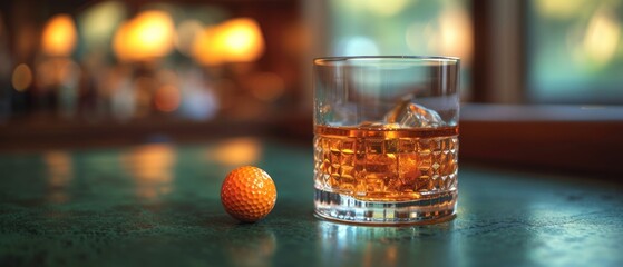 A Glass of Whiskey and an Orange, Whiskey and Fruit on a Table, An Unusual Pairing: Whiskey and Orange, The Combination of Whiskey and Orange. - obrazy, fototapety, plakaty