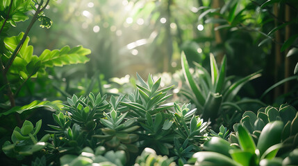 Um jardim exuberante de suculentas capturado em closeup com luz natural filtrando através das folhagens - obrazy, fototapety, plakaty