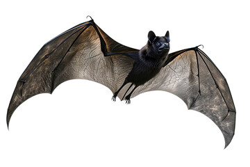Large black bat with open wings in flight on transparent and isolated white background. Generated AI