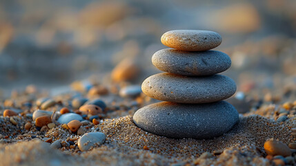 Fototapeta na wymiar Stone Stacks for Relaxation. Meditative Zen. Stone Tower Amidst the Waves