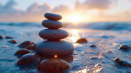 Stone Stacks for Relaxation. Meditative Zen. Stone Tower Amidst the Waves - obrazy, fototapety, plakaty