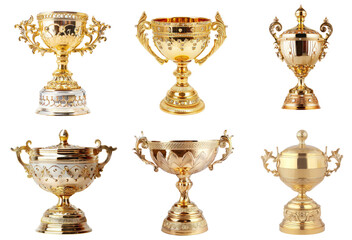 Fototapeta na wymiar Set of elaborate golden trophy cup, cut out - stock png.