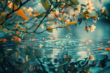 Serene image of delicate flowers upon tranquil pond water with droplets creating ripples, conveying a sense of purity and calm