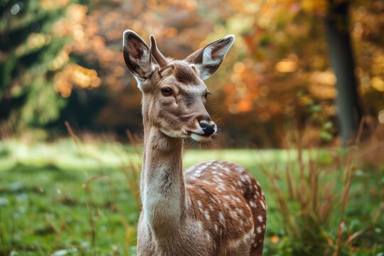 This captivating image captures a deer's gentle presence among the vibrant green foliage, embodying the harmony of wildlife and nature