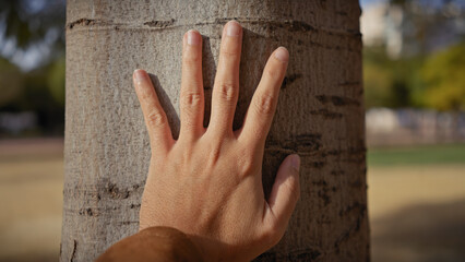 Close-up of a man's hand touching a tree trunk outdoors, symbolizing human connection with nature.