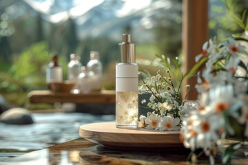 Facial organic skin care cream. Skincare treatment products: cosmetic lotion, skincare cosmetic gel, oil, pipette with bedchamber serum and different jar pot