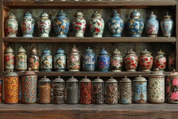 A wide array of intricately designed antique tea caddies displayed on wooden shelves.