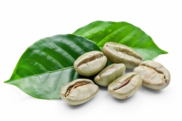 Unroasted raw green coffee beans with leaves, closeup detail isolated on transparent background....