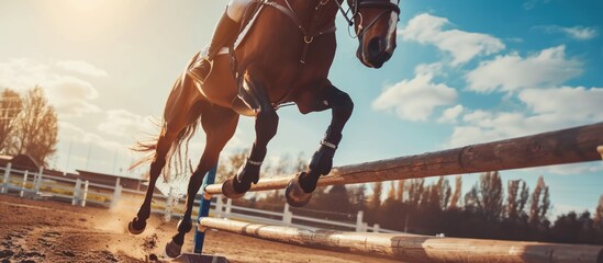 horse jumping a fence on a horse racing track - obrazy, fototapety, plakaty