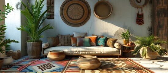 A spacious living room is filled with various pieces of furniture including a couch, cushions, and a table. The room is decorated with numerous plants, baskets, and a colorful carpet.