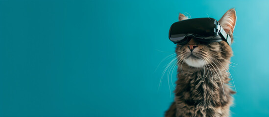 Tabby Cat with VR Glasses on Blue Background - Funny Animal Portrait Banner with Copy Space