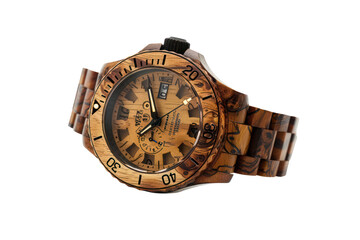 Handcrafted wooden wristwatch, cut out - stock png.